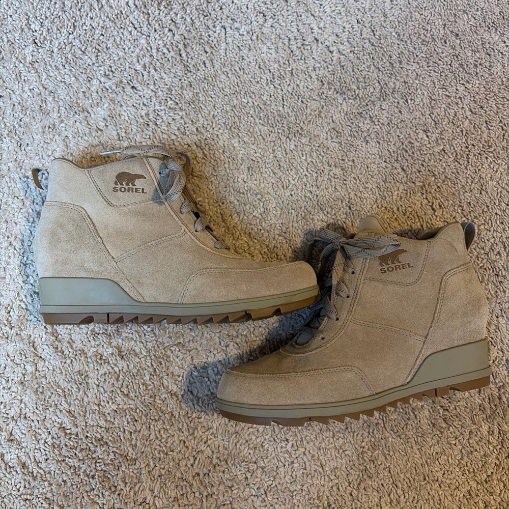 Womens Sorel Evie Sport Lace Up Sandy Tan Brown Booties Wedge Boots Size 8.5 - Picture 2 of 7